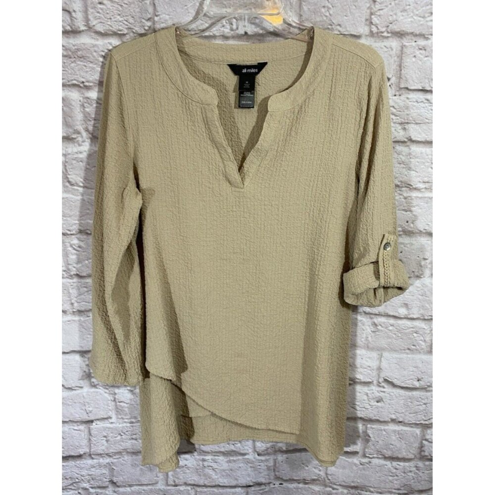Ali Miles Asymmetric Tunic Top Medium Tan 3/4 Sleeves Crinkle Texture Shirt 9893